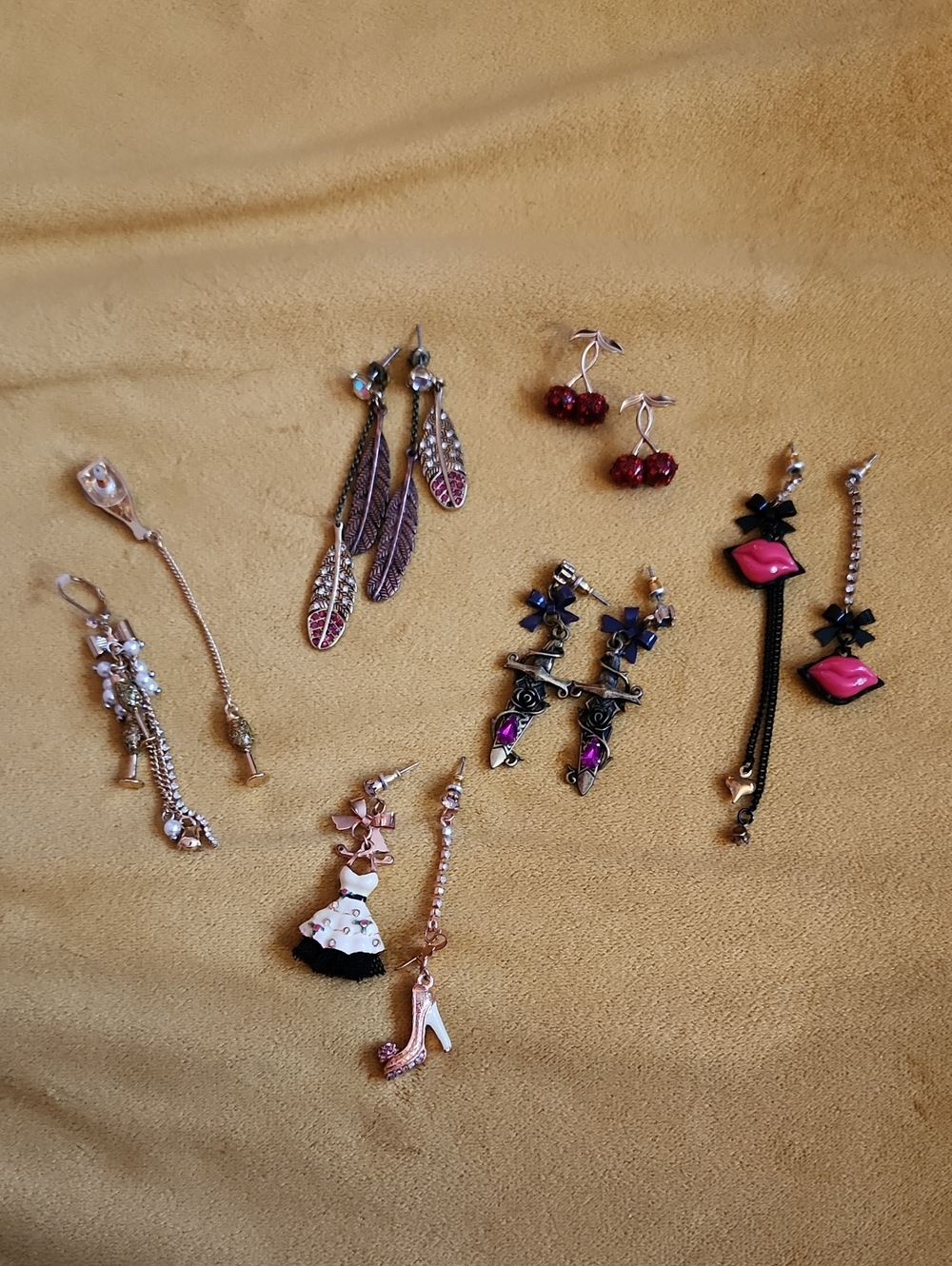 Betsey Johnson Earrings Lot- 6 Pairs- Lips, Dresses, Champagne, Cherries